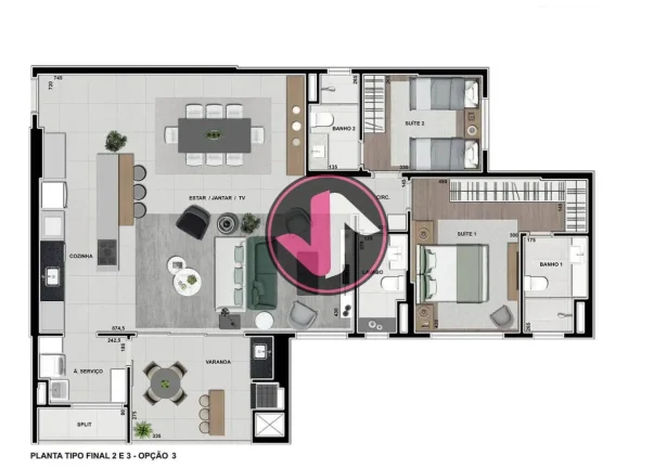Imagem Vox Plaenge Este apartamento oferece uma área privativa generosa de 132 m², com um total de 3 suí...