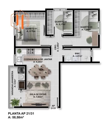 Imagem Apartamento para Venda em São José dos Pinhais, Santo Antônio, 3 dormitórios, 1 banheiro, 1 vaga