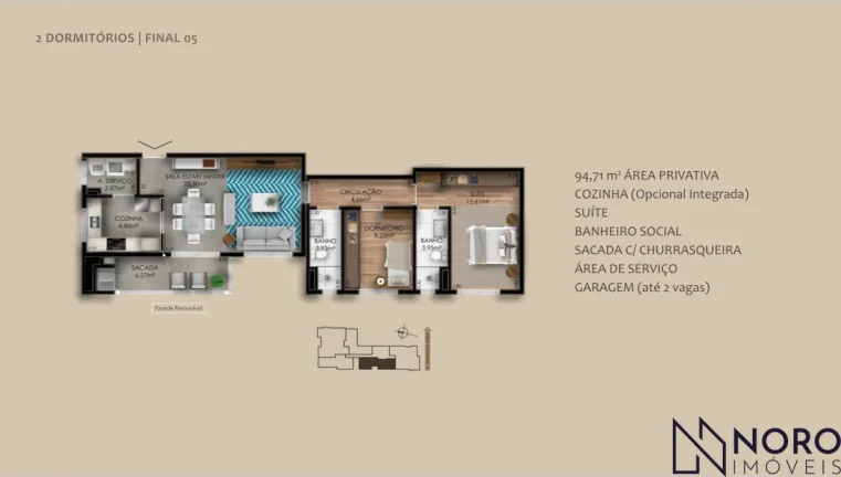 Imagem Apartamento mobiliado 2 dormitórios, suíte, 94 m² no Centro