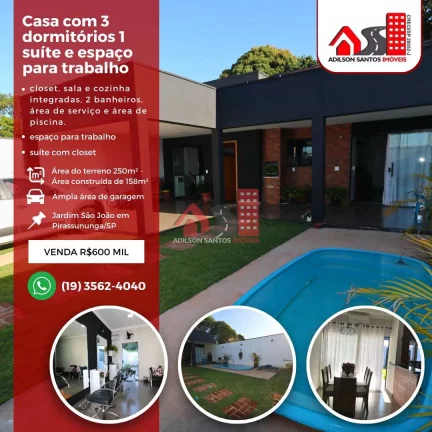 Casa com 3 dorms, Jardim São João, Pirassununga - R$ 600 mil, Cod: 75