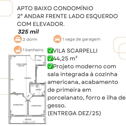 Imagem Apartamento para Venda em Santo André, Vila Scarpelli, 2 dormitórios, 1 banheiro, 1 vaga