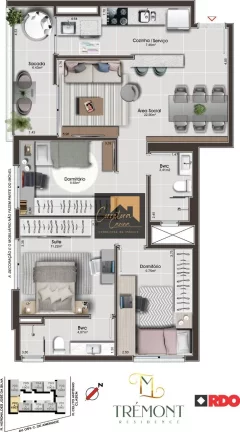 Imagem Apartamento no 9º andar com 86,41m² privativos, 3 quartos sendo 1 suíte! Sala de estar e jantar e...