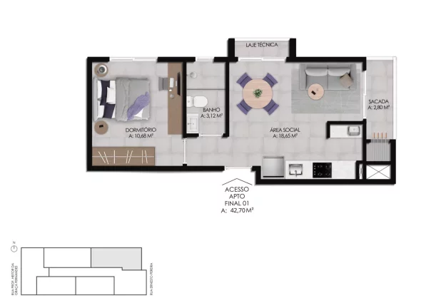 Apto 01 dormitório com sacada em construção camobi Ed BONN - Entrega março/26