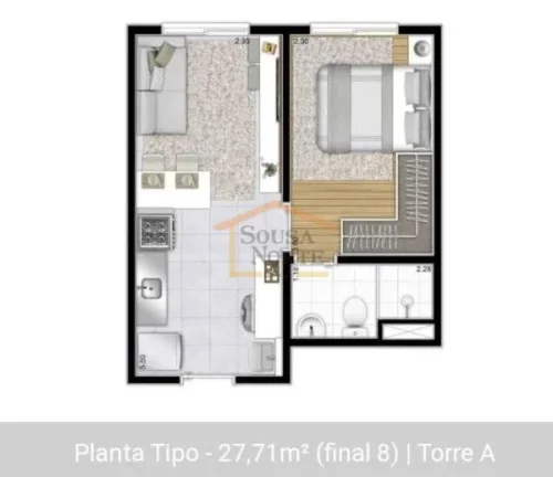 Imagem Apartamento novo, 1 dormitório, banheiro, sala 2 ambientes, cozinha, área de serviço. 27,71m².
S...