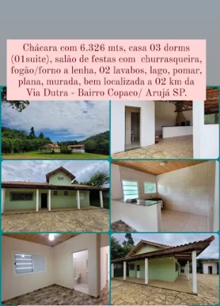 Imagem Chácara com 3 dormitórios à venda, 6326 m² por R$ 900.000,00 - Chácaras Copaco - Arujá/SP