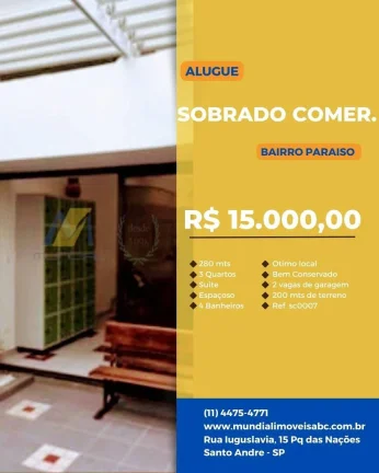 Imagem Sobrado Comercial para Alugar com 280m², 3 dormitórios, 1 suíte, 1 sala e 2 vagas!!!