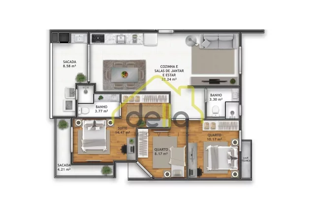 Imagem Apartamento com 3 Dormitorios e 2 vagas de garagem no bairro Saguaçu.
