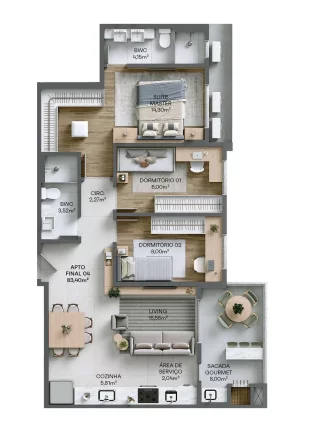 Imagem Apartamento na planta com 3 dormitórios sendo 1 suíte e 2 vagas no bairro Vila Operária Itajaí