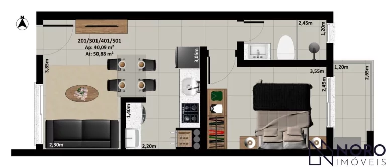 Imagem Apartamento Moderno de 1 Dormitório com Churrasqueira e Sacada - Próximo à UFSM