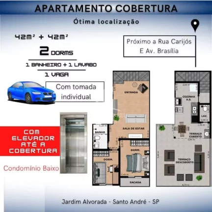 Imagem Cobertura à partir de 80m², 2 Dormitórios 1 com Sacada, Escada interna, Elevador até a Cobertura no Jardim Alvorada, santo André