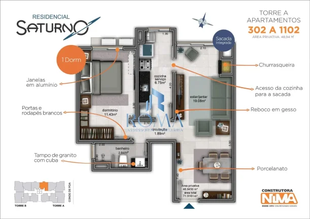 Imagem Residencial Saturno, apto de 01 dormitório, próximo da UFN.