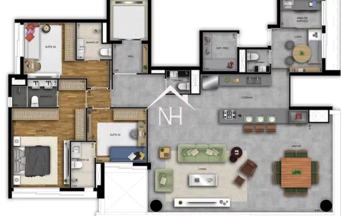 Imagem apartamento de 154m c/ 3 suites, terraço gourmet, hall privativo, depósito, 2 vagas, piscina, deck, solarium, sauna, salão de festas, churrasqueira