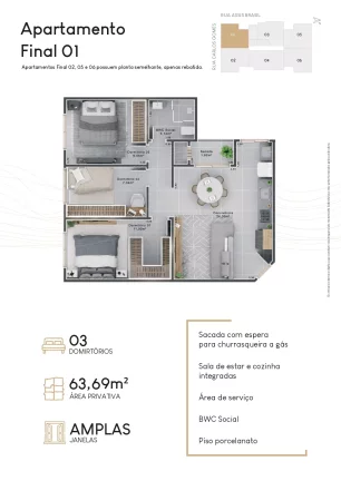 Imagem Venda de Apartamento no Bairro Nossa Senhora da Salete em Criciúma-SC: 3 quartos, 3 salas, 1 banheiro, 1 vaga e 65,71 m².