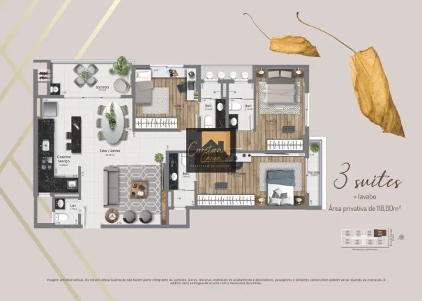 Imagem Apartamento no 6º andar com 118,80m² privativos, 3 quartos sendo 3 suítes com persianas automatiz...