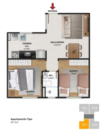 Foto do imóvel: ado Diferencial Apartamento Garden 40,75 m² + Quintal Privativo de 8,80 m² 2 Quartos Sala de Estar/Jantar Cozinha Banheiro Área de Serviço Vaga de Garagem Privativa Piso Laminado Quintal Privativo Exclusivo Lazer Completo para Toda a Família
