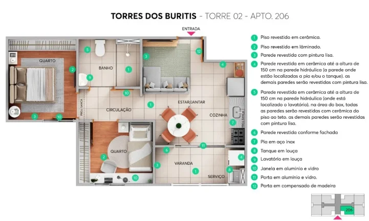 Imagem Apto 2 Qtos 1 Vaga 45,46m² Cond Torres do Buritis Samambaia