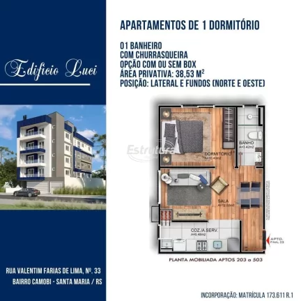 Apartamento 1 dormitórios em Camobi excelente localização