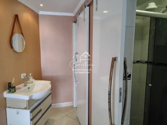 Imagem Apartamento com locação sem garantia frente mar Tombo com lazer: 2 salas, 2 banheiros, 1 vaga de garagem, 78m².