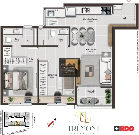 Imagem Apartamento no 8º andar com 68,92m² privativos, 2 quartos sendo 1 suíte! Sala de estar e jantar e...
