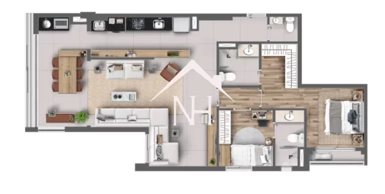 Imagem apartamento 88m², 2 suítes, terraço gourmet, 1 vaga, Coworking, Salão de festas, Brinquedoteca, Fitness, Lounge gourmet, Churrasqueira, Sauna