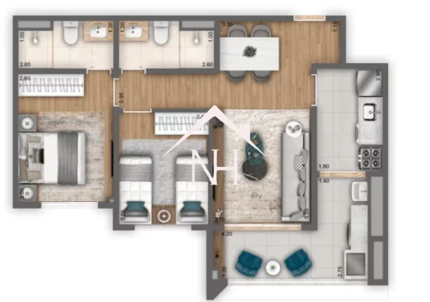 Imagem apartamento de 62m c/ 2 dormitórios (1 suíte), varanda gourmet,1 vaga, Deck molhado Piscinas, Pet Place, Solarium, Brinquedoteca,Churrasqueira,Fitness
