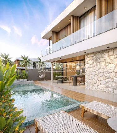 Imagem Planta exclusiva com 243 m² construídos, piscina de 20 m² e terreno de 311 m², com suítes amplas, área gourmet, lounge com lareira, e garagem para 4 carros.