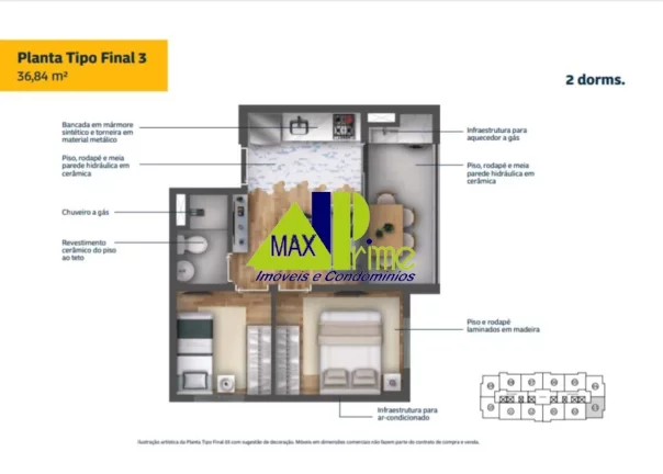 Imagem APARTAMENTO 36,84M²/02 DORMITÓRIOS/SACADA/SEM VAGA
