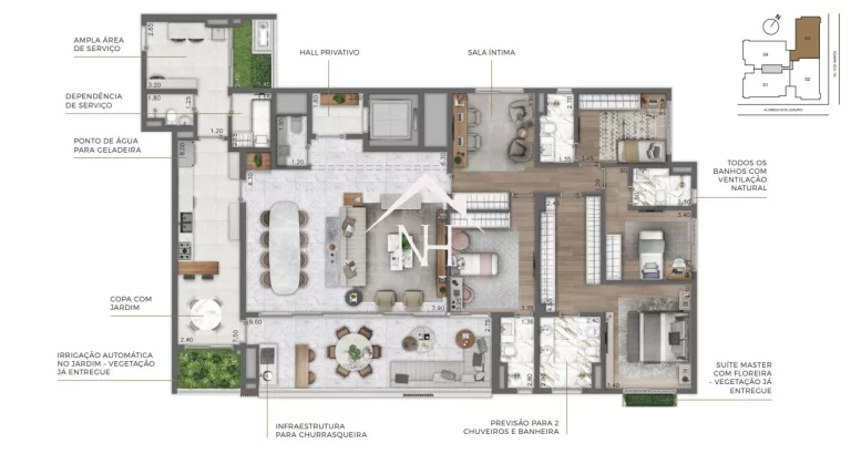 Imagem Apartamento 252m c/ 4 suítes (1 master),3 vagas, hall privativo,terraço gourmet, brinquedoteca,piscinas,quadra de tênis,fitness,sauna,deck, kids place