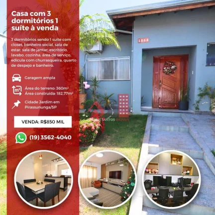 Casa com 3 dorms, Cidade Jardim, Pirassununga - R$ 850 mil, Cod: 144