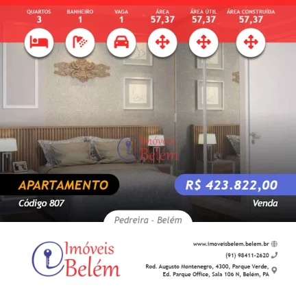 Apartamento na planta de 57,37 m² com 3 quartos na Pedreira