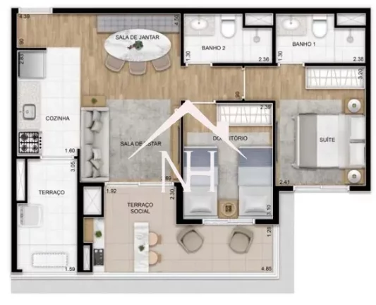 Imagem apartamento de 63m c/2 dormitórios(1 suíte), terraço gourmet,1 vaga,salão de festas e jogos,brinquedoteca,Piscinas, bicicletário, pet place, coworking