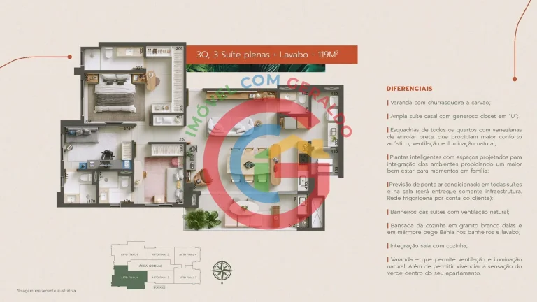 Imagem Ágio Soft Connect 15 - 3 suítes. Varanda com churrasqueira à carvão