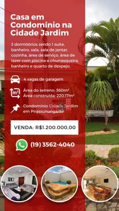 Imagem Casa de Condomínio com 3 dorms, Cidade Jardim, Pirassununga - R$ 1.2 mi, Cod: 163