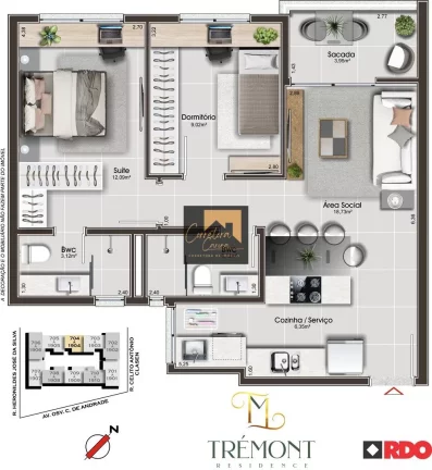 Imagem Apartamento no 7º andar com 65,60m² privativos, 2 quartos sendo 1 suíte! Sala de estar e jantar e...