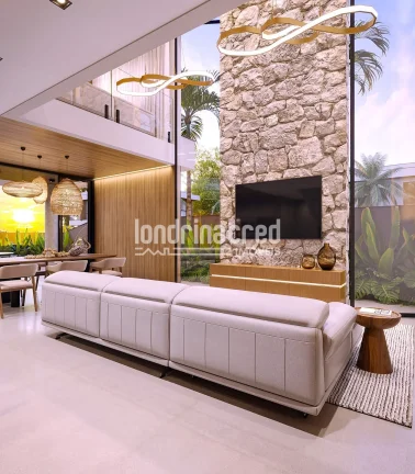 Imagem Planta exclusiva com 243 m² construídos, piscina de 20 m² e terreno de 311 m², com suítes amplas, área gourmet, lounge com lareira, e garagem para 4 carros.