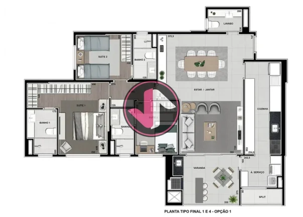 Imagem Vox Plaenge Este apartamento oferece uma área privativa generosa de 132 m², com um total de 3 suí...