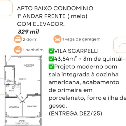 Imagem Apartamento para Venda em Santo André, Vila Scarpelli, 2 dormitórios, 1 banheiro, 1 vaga