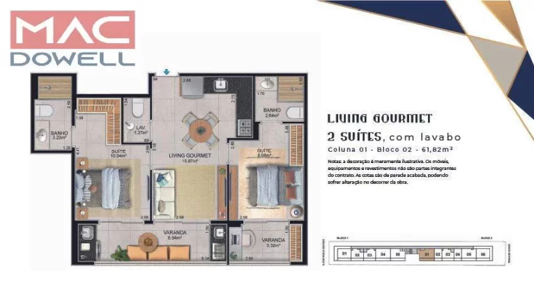 Imagem STAGE - Apartamento 83,87 m² com 2 Quartos (1 Suite) e Varanda