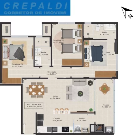 Imagem Apartamento Balneário Rincão Três dormitórios com suíte