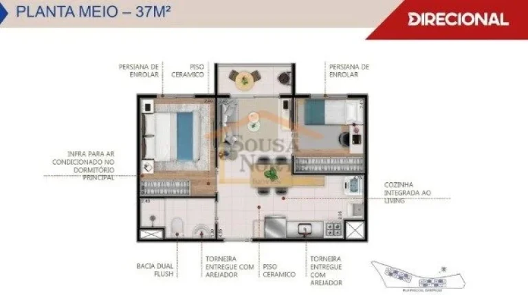 Imagem Apartamento de 40m², 2 dormitórios, varanda e cozinha planejada, banheiro com chuveiro a gás, vid...
