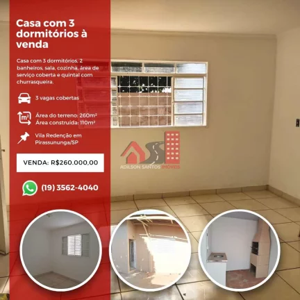 Casa com 3 dorms, Vila Redenção, Pirassununga - R$ 260 mil, Cod: 204