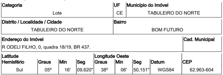 Imagem Oportunidade Única em TABULEIRO DO NORTE - CE | Tipo: Terreno | Negociação: Venda Direta Online | Situação: Imóvel