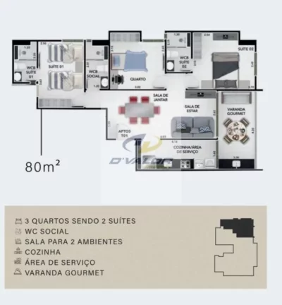 Imagem Vendo aptos em construção, 80m2 e 59m2, varanda gourmet, sala p/ 2 ambts, 2 qts e 3 qts, 2 vagas