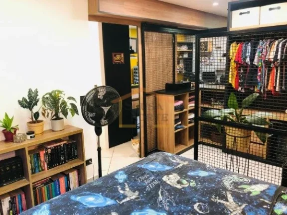 Imagem Studio bem distribuído, 1 dormitório, 1 banheiro, sala, home office, cozinha americana, quarto e c...