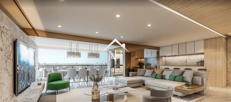 Imagem apartamento de 131m com 3 Suítes, Hall Privativo,2 Vagas, Terraço Gourmet, Academia, Churrasqueira, Brinquedoteca,Deck, Piscina,Solarium, Spa, Lareira