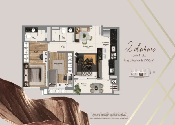 Imagem Apartamento no 8º andar com 75,50m² privativos, 2 quartos sendo 1 suíte com persianas automatizad...