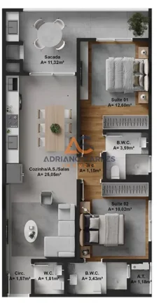 Imagem Apartamento 02 suítes na Praia de Gravatá, Navegantes com ampla sacada e detalhes. Residencial Águas de Março - Adriano Carpes Imóveis Vende