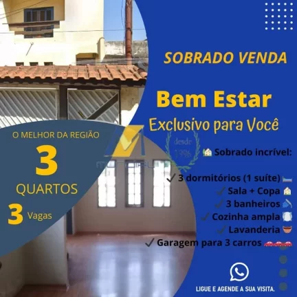 Imagem Sobrado à Venda com 100m², 3 dormitórios, 1 suíte, 1 sala e 3 vagas!!!