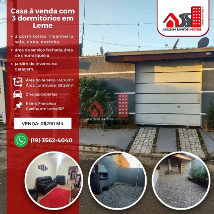Casa com 3 dorms, Conjunto Habitacional Francisco Coelho, Leme - R$ 290 mil, Cod: 88