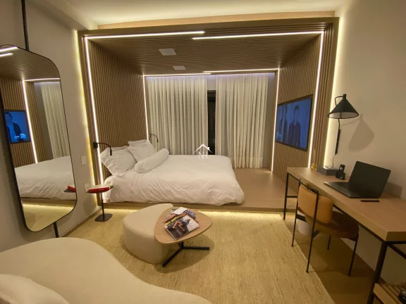 Imagem Studio de 27m com dormitório e terraço, coworking, deck molhado, solarium, espaço gourmet, fitness, sauna, lavanderia, piscina, lounge externo
